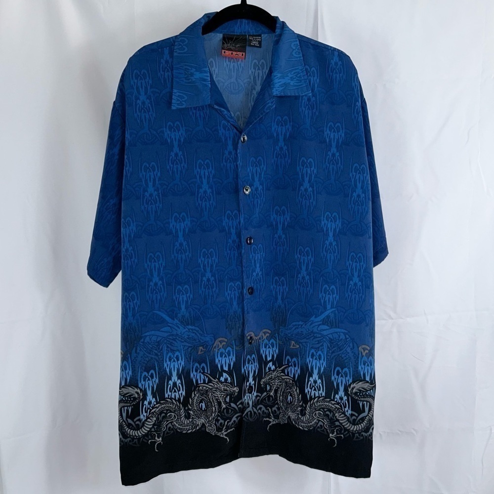 Vintage Korean Oriental Styled 2 Tone Dragon Flames Button Up Short Sleeve Top
